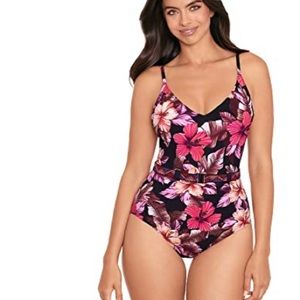 Skinny Dippers Mowie Lucky Charm Belted Medallion floral  one piece swimsuit M
